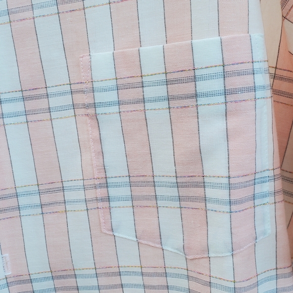 Triumph Men's XL short sleeve button up. Vintage. USA. Used. Pink/White plaid. - Picture 14 of 16